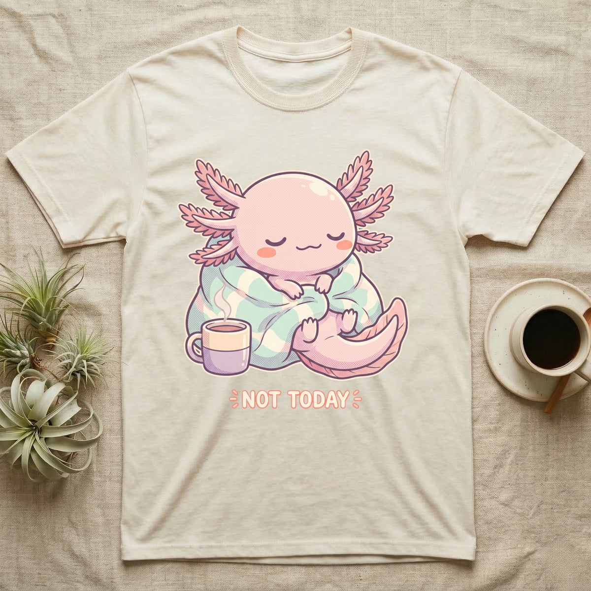 Axolotl Not Today T-Shirt in Natural — Kawaii chibi illustration of an axolotl curled in a blanket with a mug and a soft caption reading Not Today.