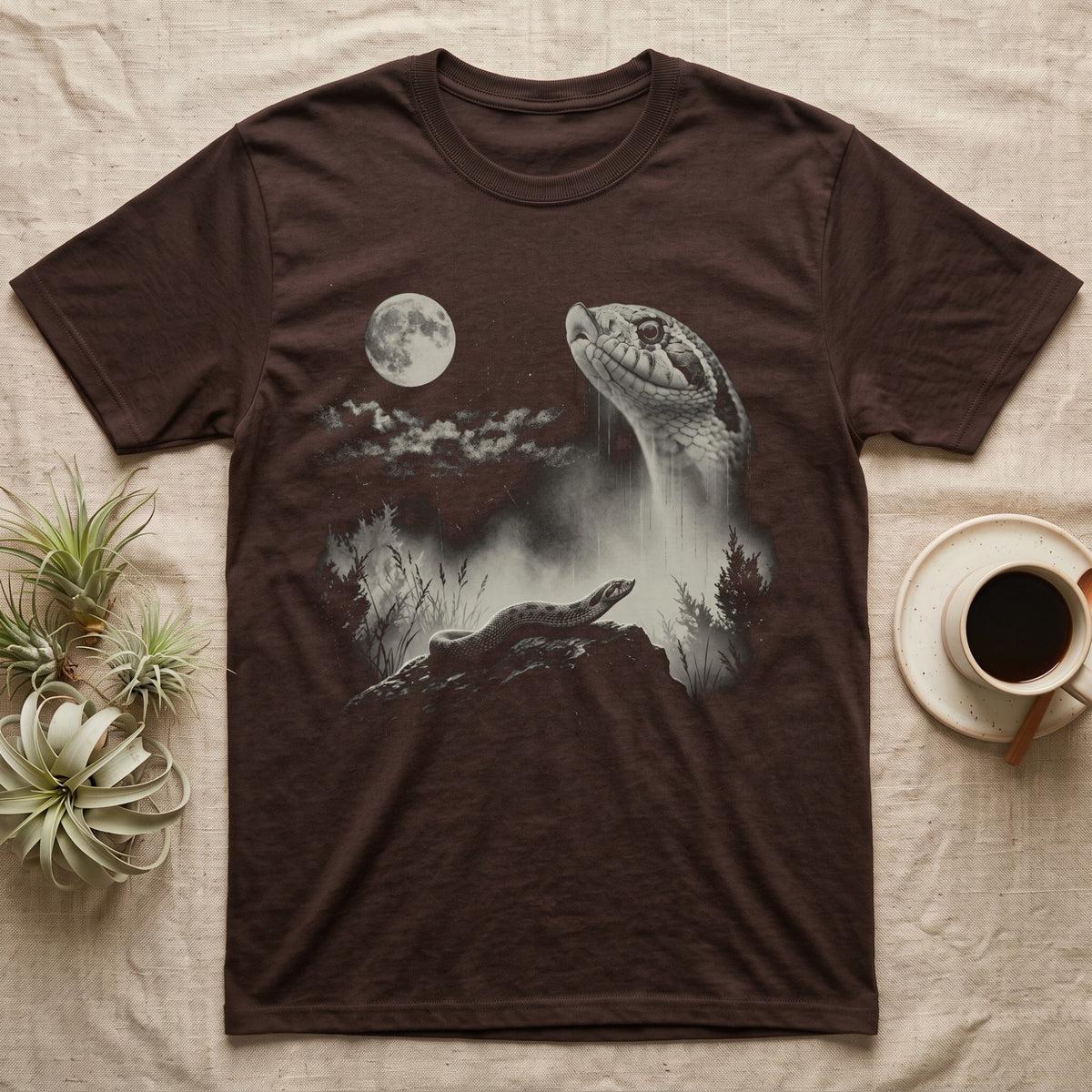 Hognose Spirit Moon T-Shirt in Dark Chocolate — Cream one-ink print of a western hognose on a rock under a full moon, its giant ghostly head in the night sky.