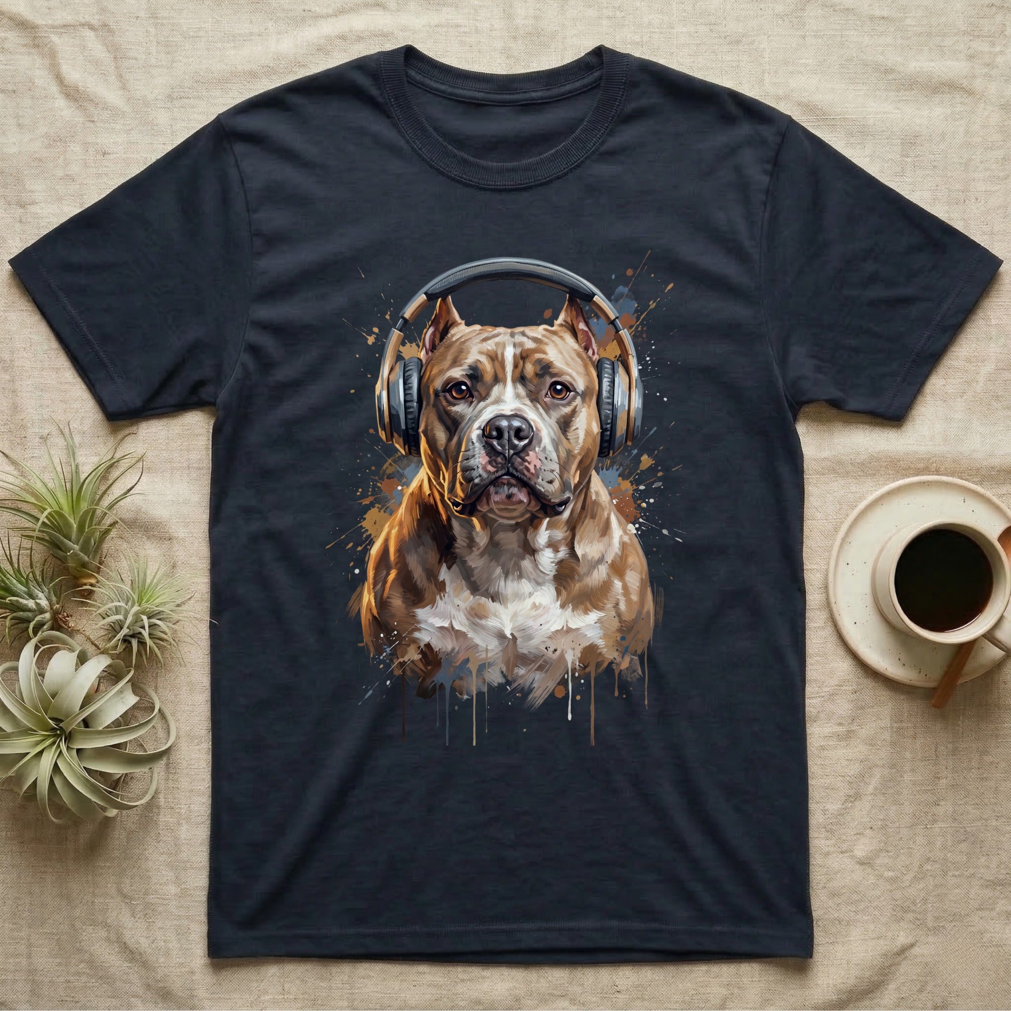 Pit bull wearing headphones, chest up, with paint splatters.