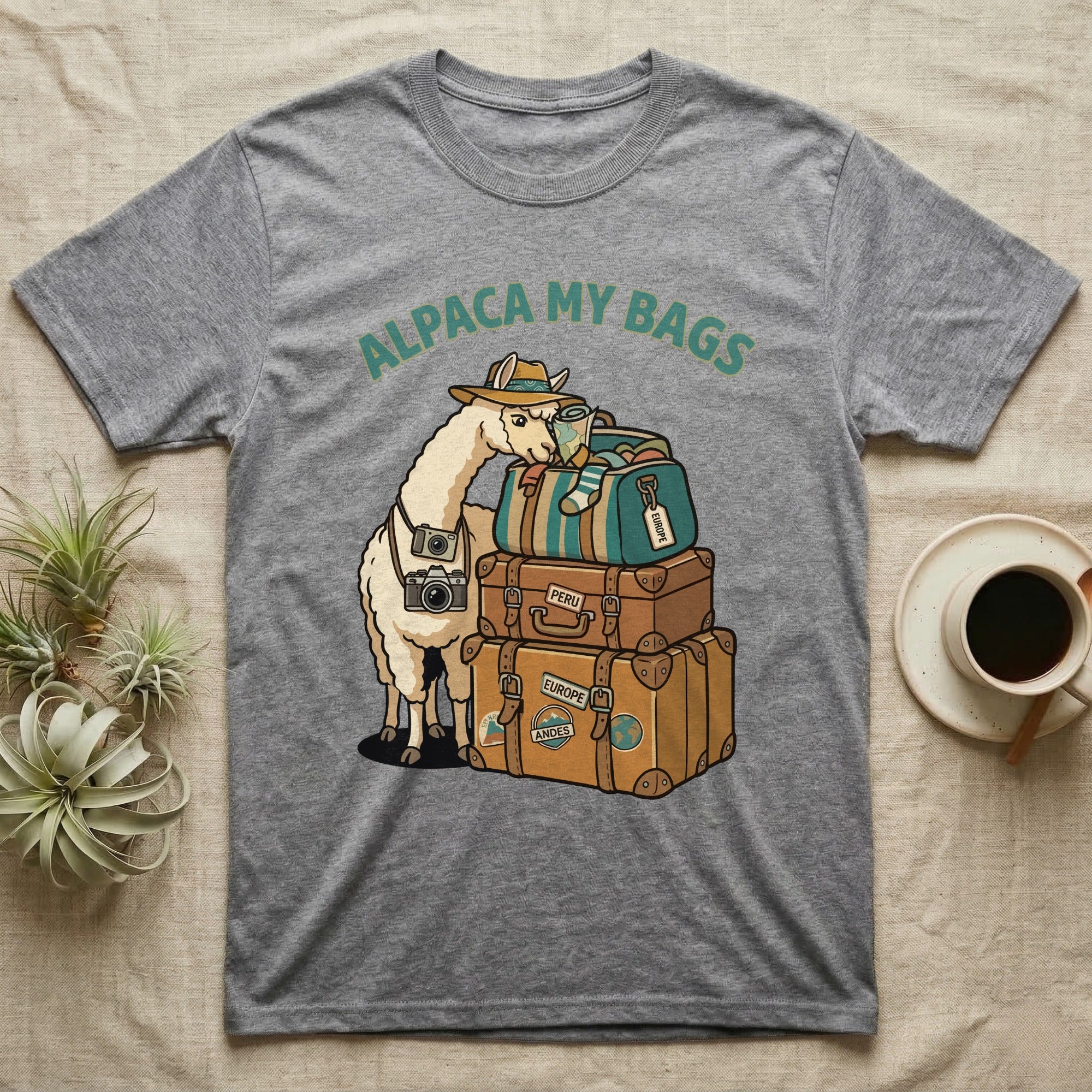 Alpaca wearing a hat and camera, with luggage. "Alpaca My Bags" text.