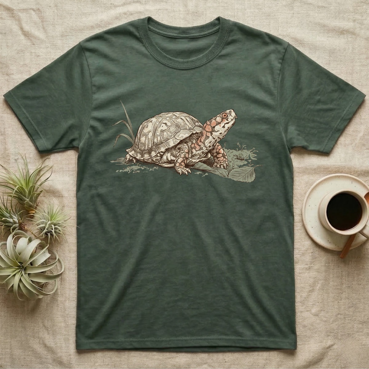 Box Turtle Shell T-Shirt in Military Green — Naturalist-plate illustration of a box turtle with its shell shown as living body, above a serif welfare creed caption.