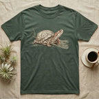 Box Turtle Shell T-Shirt in Military Green — Naturalist-plate illustration of a box turtle with its shell shown as living body, above a serif welfare creed caption.