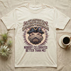 Bearded Dragon Declaration T-Shirt in Natural — Ornate engraved bearded dragon portrait in a tricorn hat on a cream sunburst with Nobody Celebrates Better Than Me.