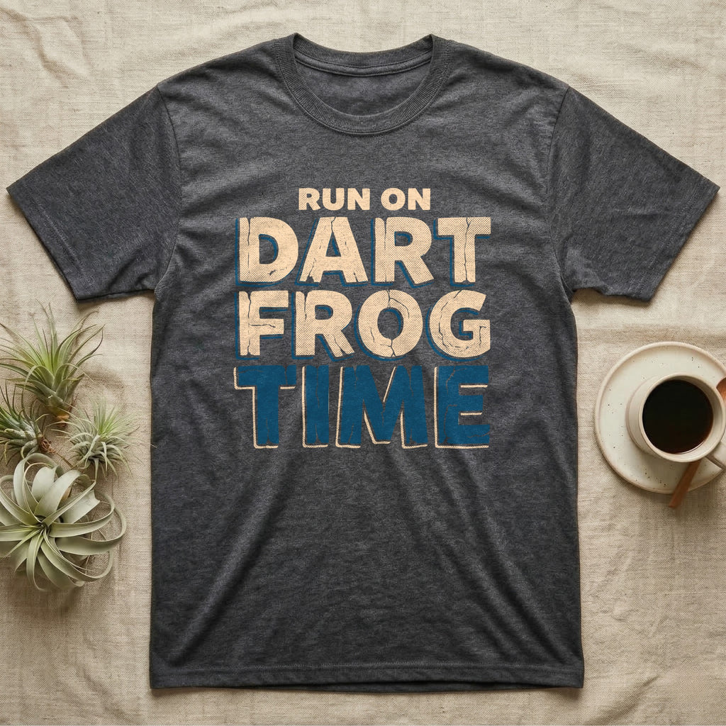 Dart Frog Time T-Shirt in Dark Heather — Distressed-block wordmark reading run on dart frog time in a bold two-tier chest lockup, text only.