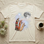 Milk Snake Moon Howl T-Shirt in Natural — Three Milk Snake colour morphs howling at a full moon over a nebula on a dark grey t-shirt.