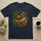 Garden Snail Moss Terrarium T-Shirt in Navy — Garden snail crossing moss inside a circular forest vignette of ferns, mushrooms, oak leaves and a beetle.