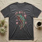Dark gray t-shirt with teal and coral chameleon on a cherry blossom branch.