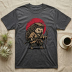 Hedgehog warrior in samurai attire with sword and staff, against red sun.