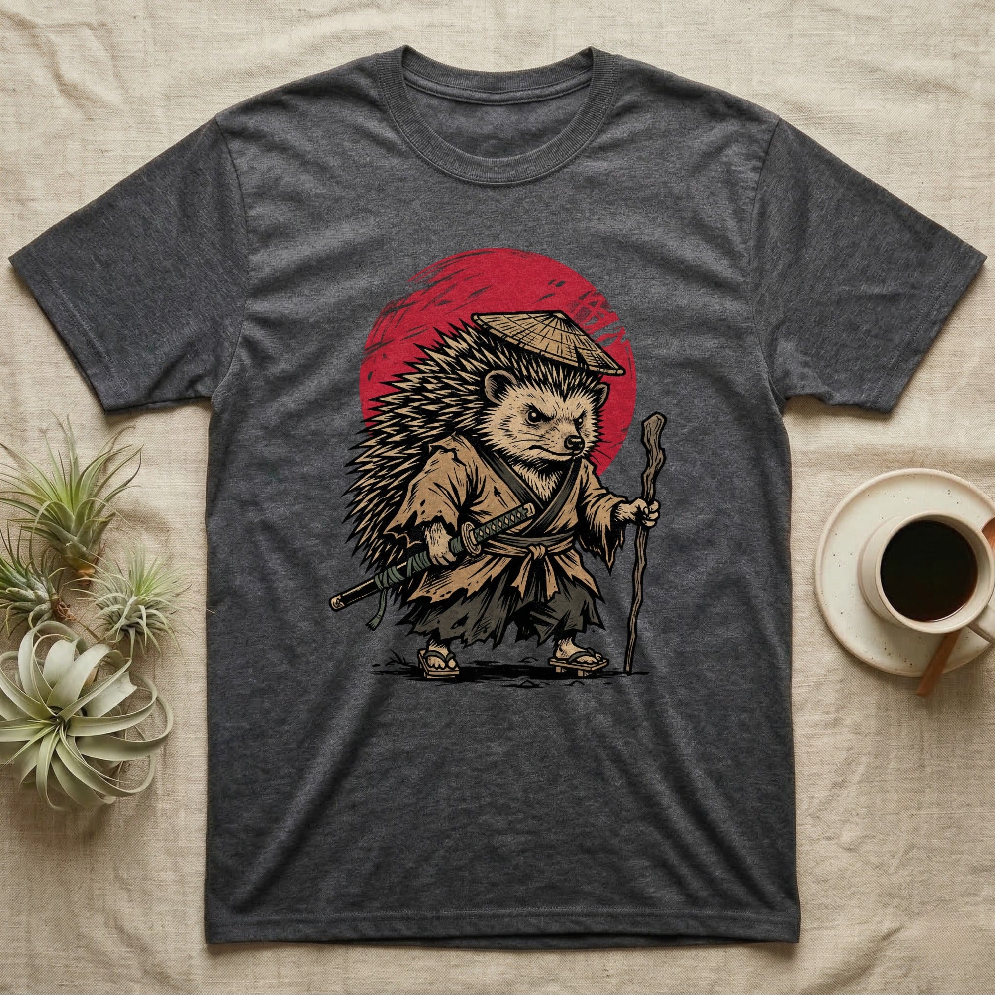 Hedgehog warrior in samurai attire with sword and staff, against red sun.