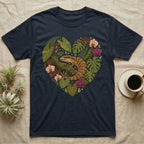 T-shirt with a heart-shaped botanical illustration featuring a lizard and flowers.