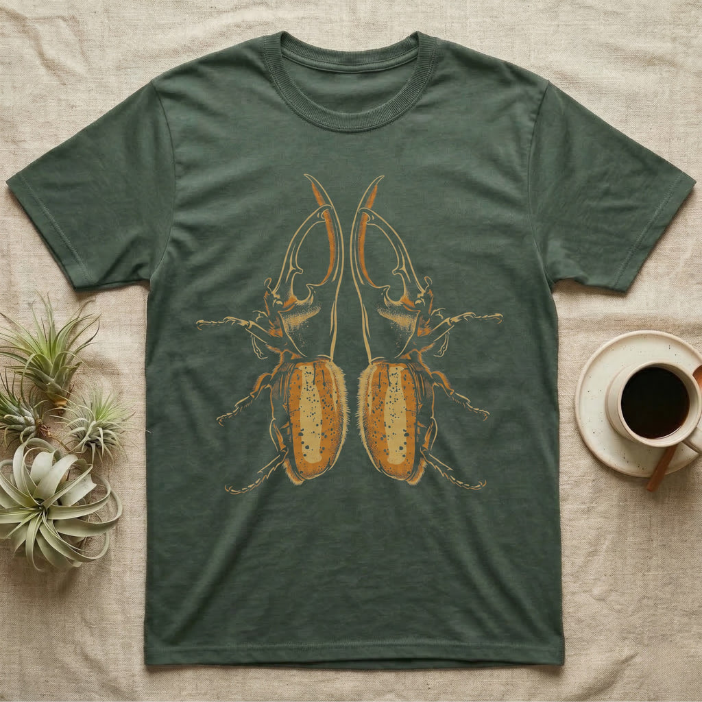 Vintage-engraving illustration of two mirrored Hercules beetles nose to nose with long curved thoracic horns, stippled ochre elytra, graphic-only, no text. — shown on a Military Green tee.