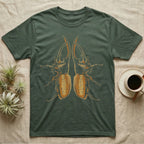 Vintage-engraving illustration of two mirrored Hercules beetles nose to nose with long curved thoracic horns, stippled ochre elytra, graphic-only, no text. — shown on a Military Green tee.