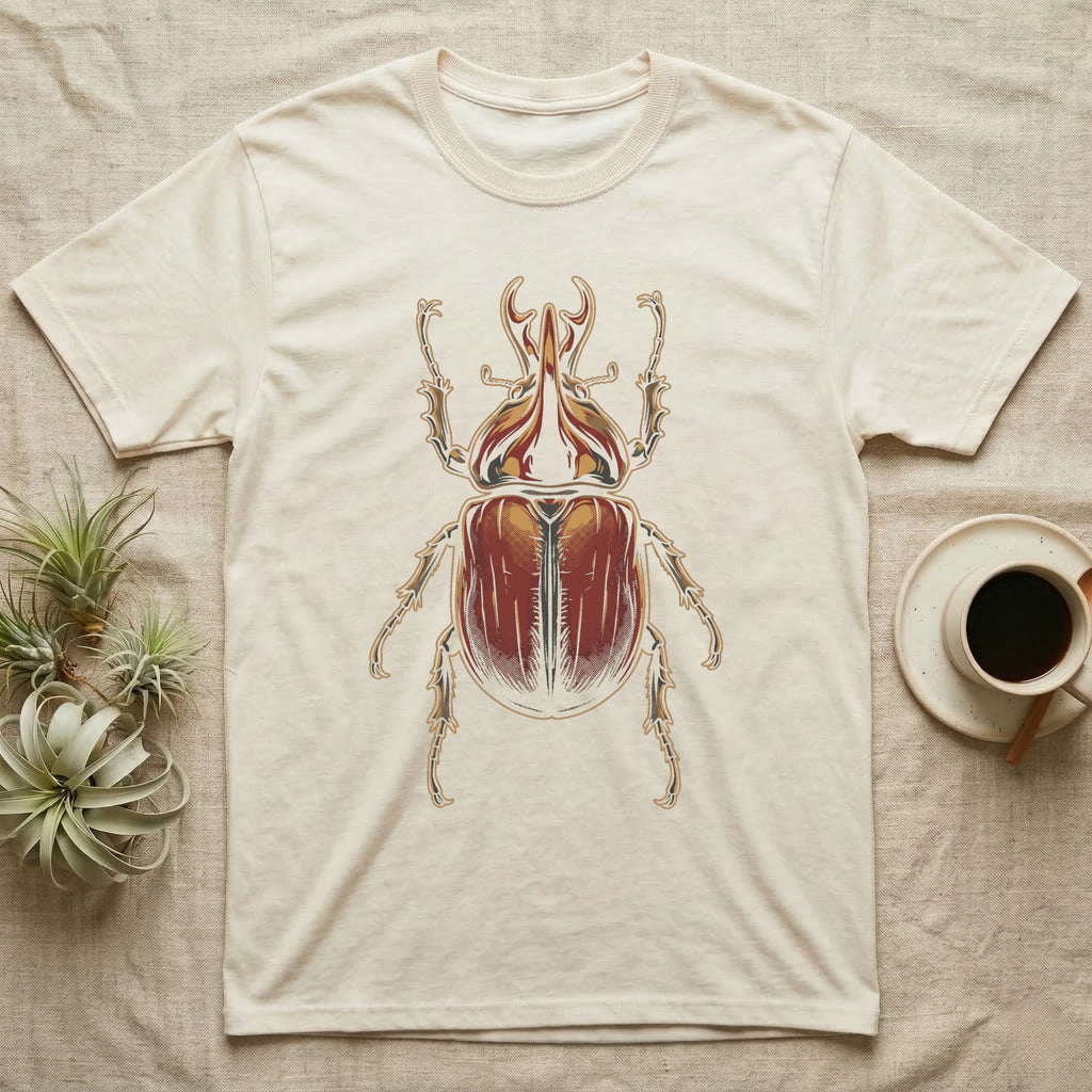 Dorsal-view illustration of a rhinoceros beetle with a forked amber horn and rust-red elytra in bold vintage comic ink line and halftone shading, no on-shirt text. — shown on a Natural tee.