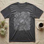 Isopod Colony Pointillism T-Shirt in Dark Heather — White pointillism colony of isopods on bark with one solid albino isopod standing out at the center.
