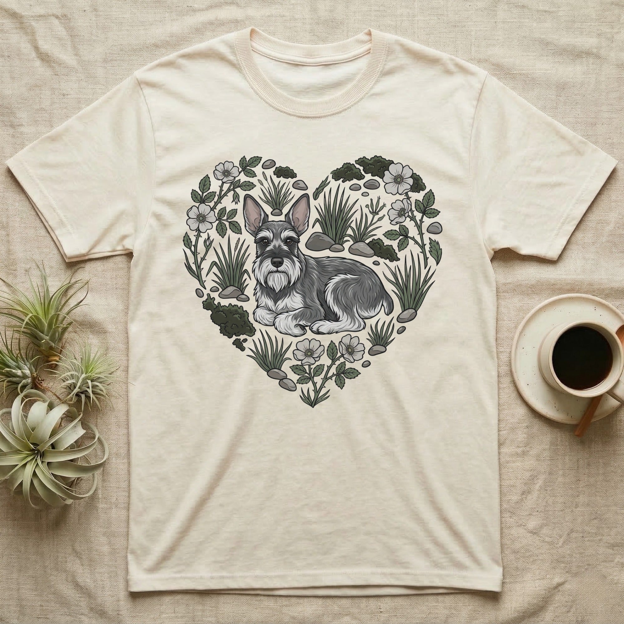 Cream t-shirt with a heart-shaped Schnauzer and floral design.