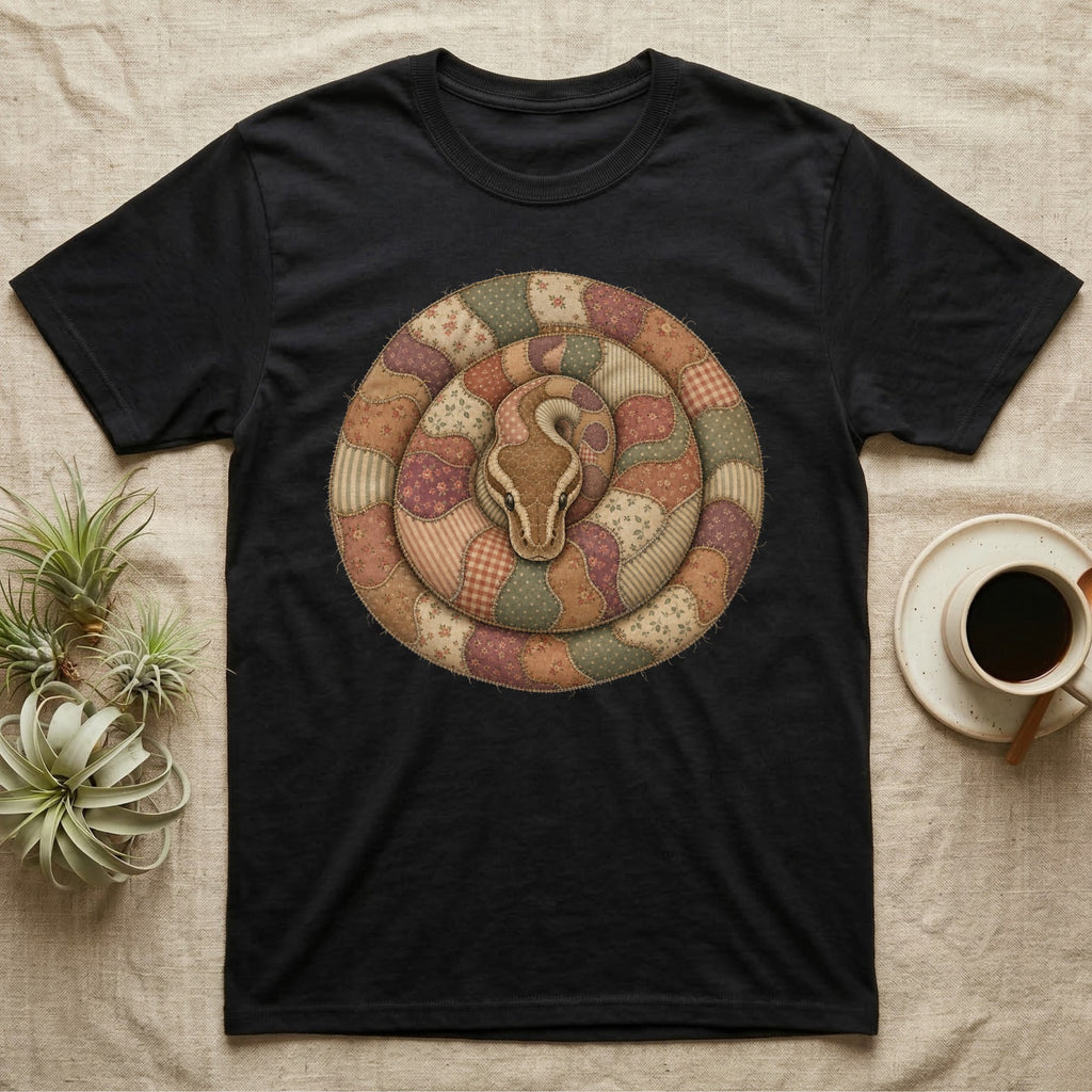Black t-shirt with coiled snake design in quilt pattern.