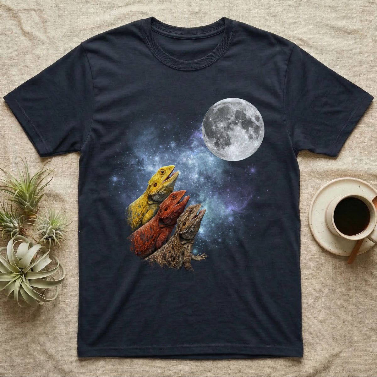 Bearded Dragon Moon Howl T-Shirt in Navy — Three Bearded Dragon colour morphs howling at a full moon over a nebula on a dark grey t-shirt.