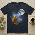 Bearded Dragon Moon Howl T-Shirt in Navy — Three Bearded Dragon colour morphs howling at a full moon over a nebula on a dark grey t-shirt.