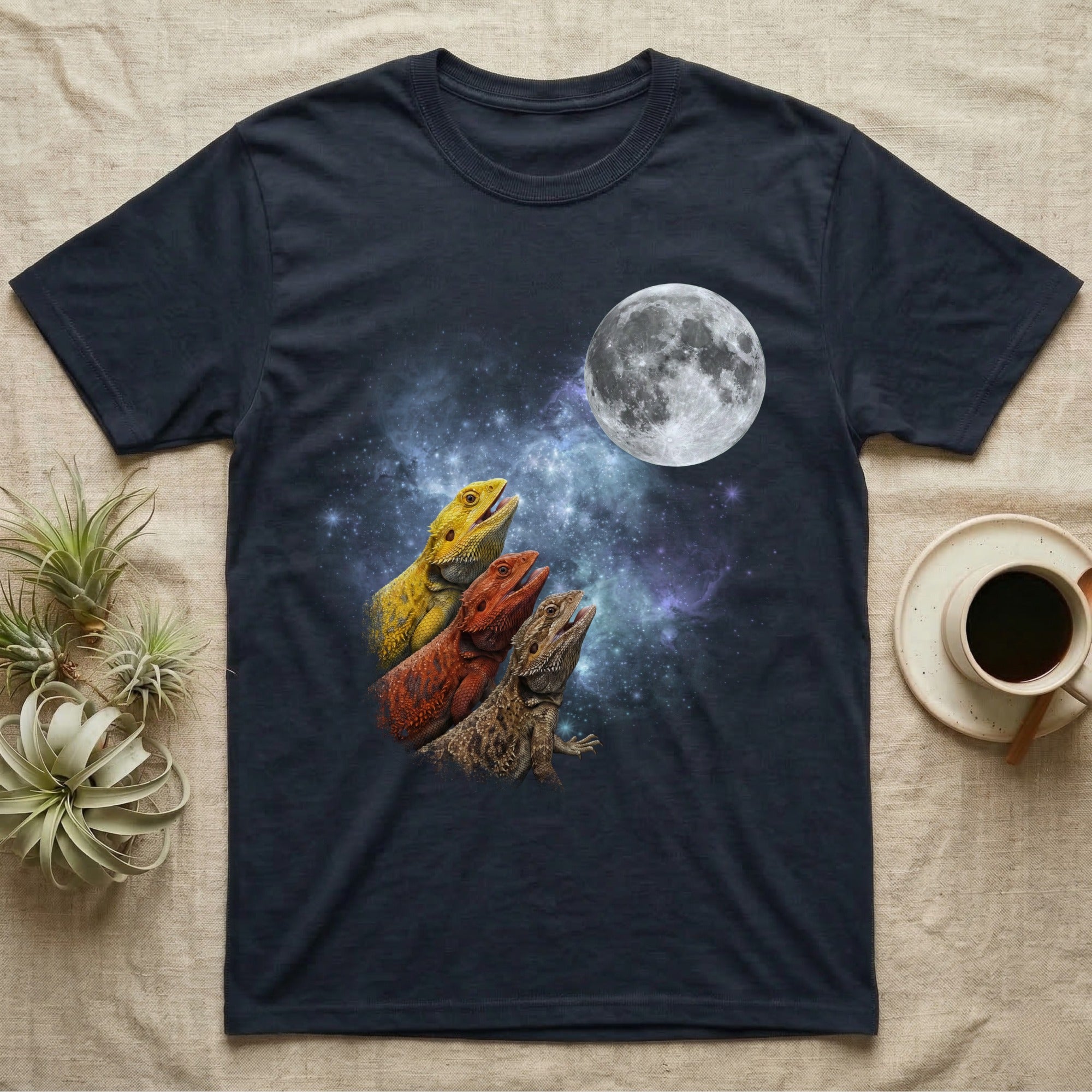 Bearded Dragon Moon Howl T-Shirt in Navy — Three Bearded Dragon colour morphs howling at a full moon over a nebula on a dark grey t-shirt.