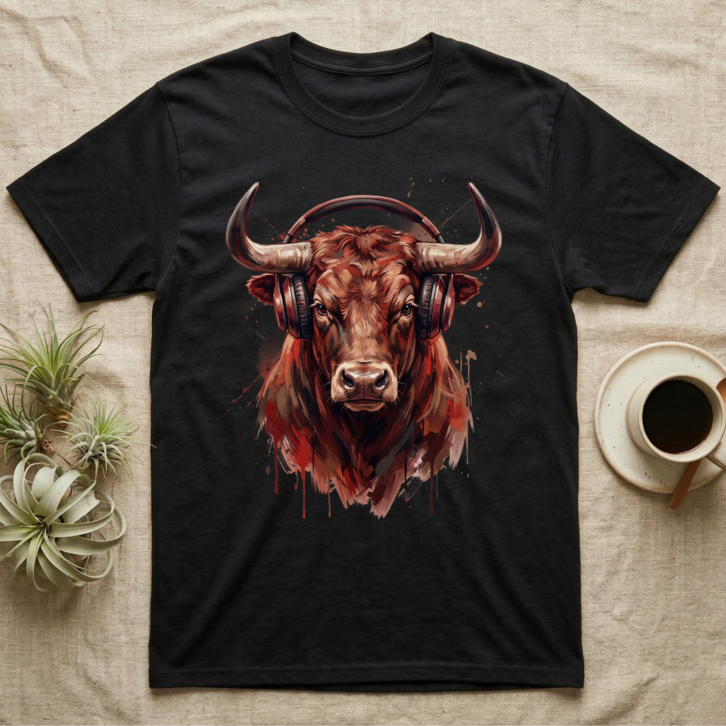 Black t-shirt with graphic of a bull wearing headphones.