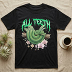 Emerald Tree Boa Feral T-Shirt in Black — Coiled emerald tree boa on a branch below a dripping emerald-green metal "All Teeth" wordmark