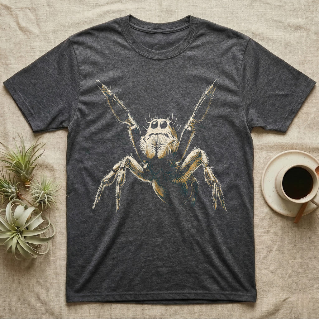 Vintage ink illustration of a regal jumping spider rearing up with both front legs raised in a threat display, halftone shading, no on-shirt text. — shown on a Dark Heather tee.