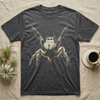 Vintage ink illustration of a regal jumping spider rearing up with both front legs raised in a threat display, halftone shading, no on-shirt text. — shown on a Dark Heather tee.