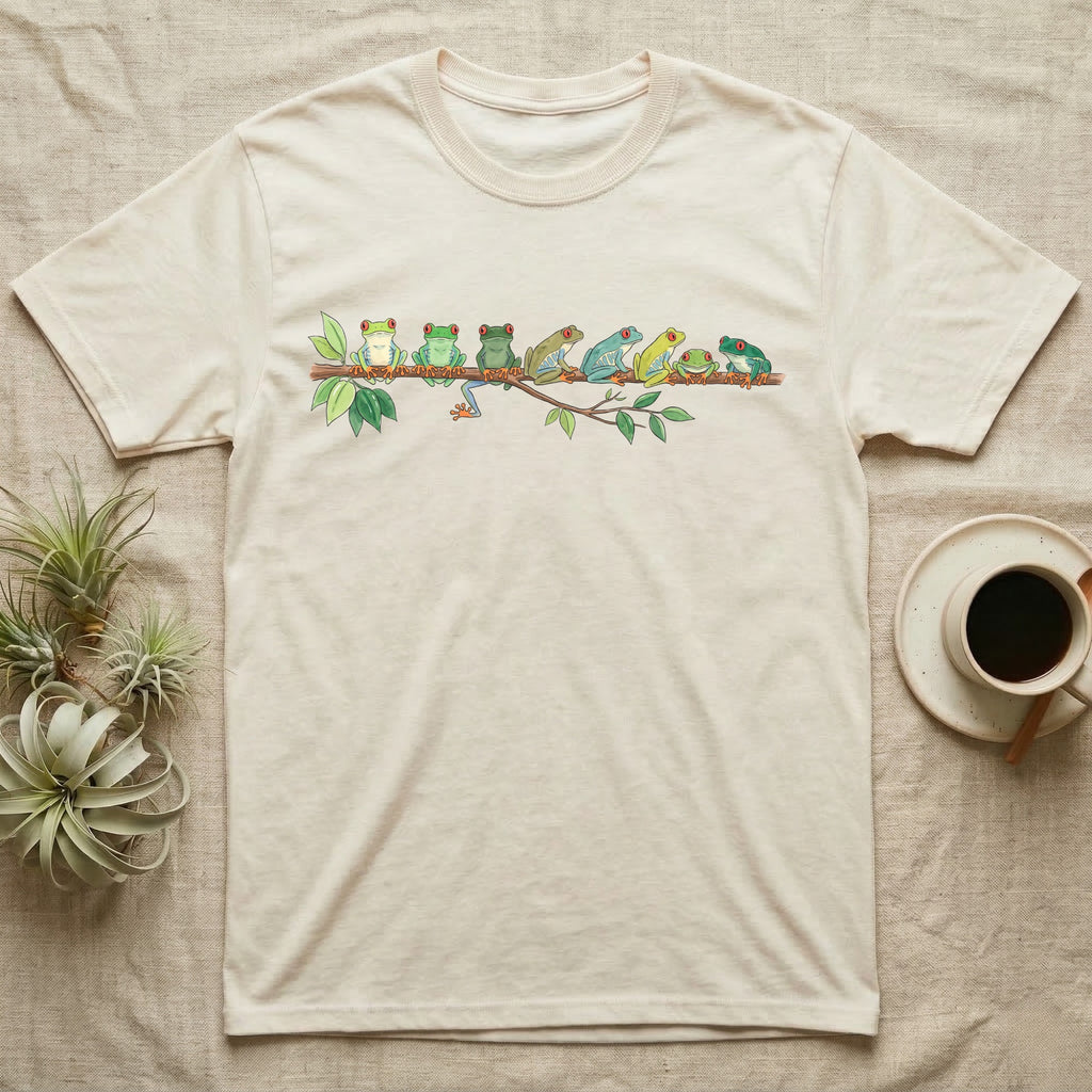 Red-Eyed Tree Frog Canopy Crew T-Shirt in Natural — Watercolor illustration of seven red-eyed tree frogs in varied green hues on a branch, dark grey T-shirt design.