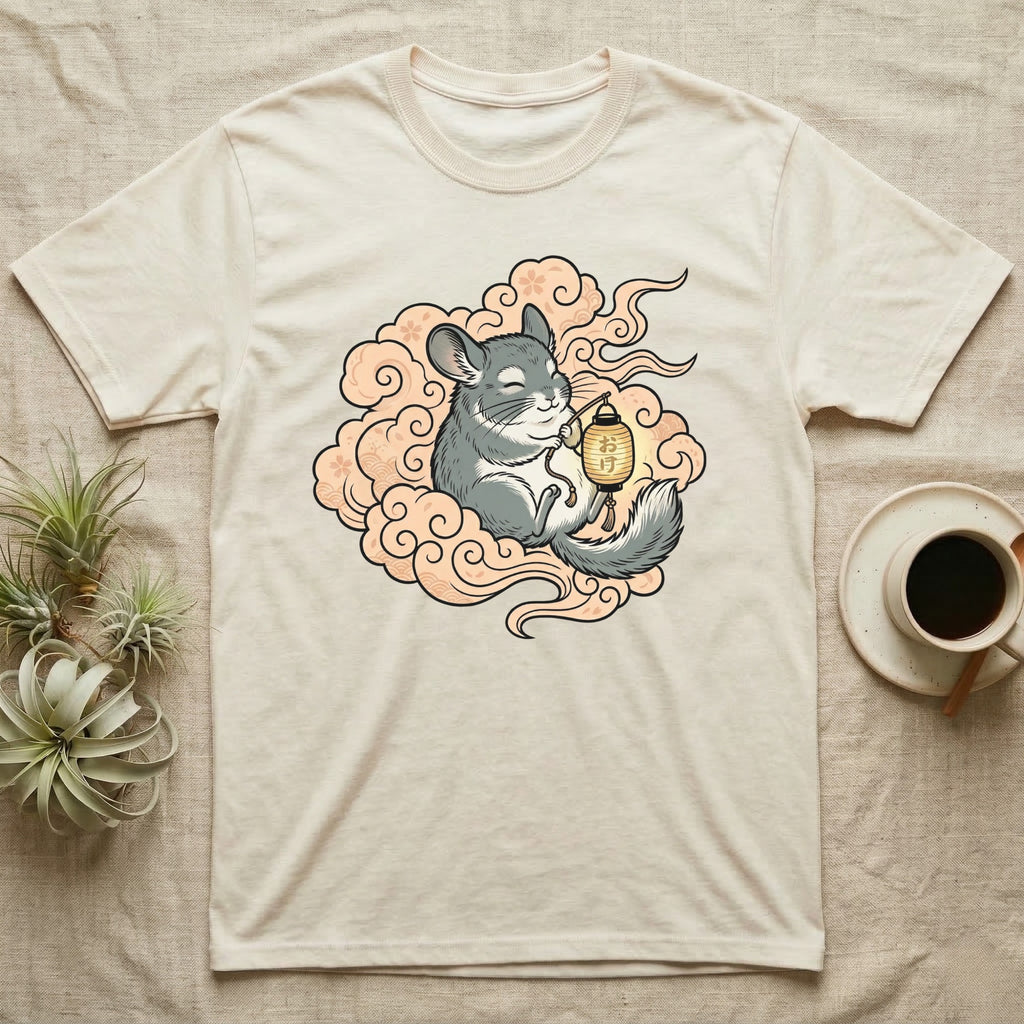 Chinchilla in clouds holding a glowing lantern with Japanese text.