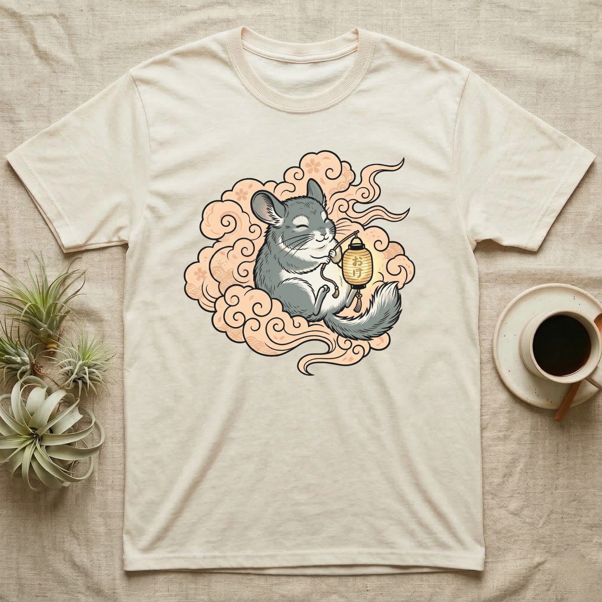 Chinchilla in clouds holding a glowing lantern with Japanese text.