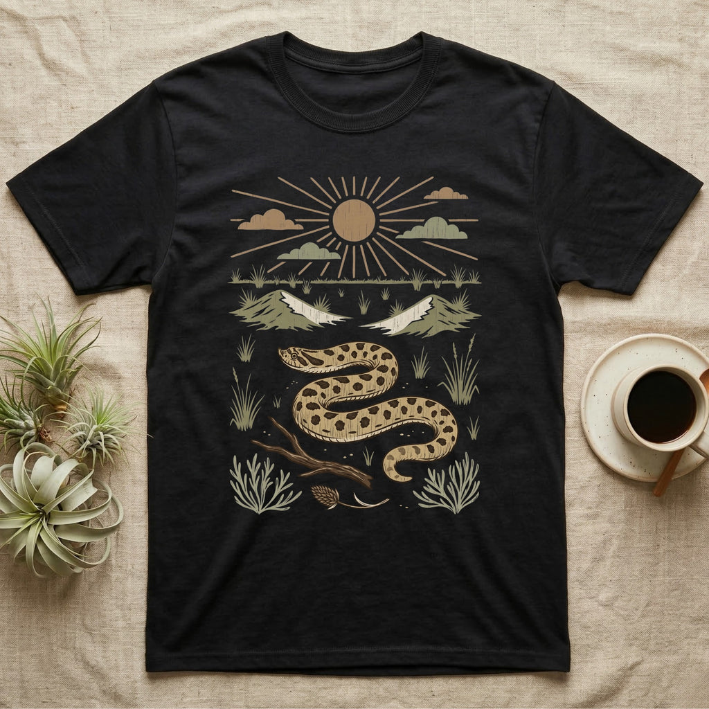 Western Hognose Home Range T-Shirt in Black — Woodcut-style illustration of a western hognose snake nosing through sand with dunes and sagebrush behind, no on-shirt text.