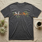 Crested Gecko Morph Line T-Shirt in Dark Heather — Five crested gecko morphs in ink and watercolour perched along one cork bark branch with ficus leaves.