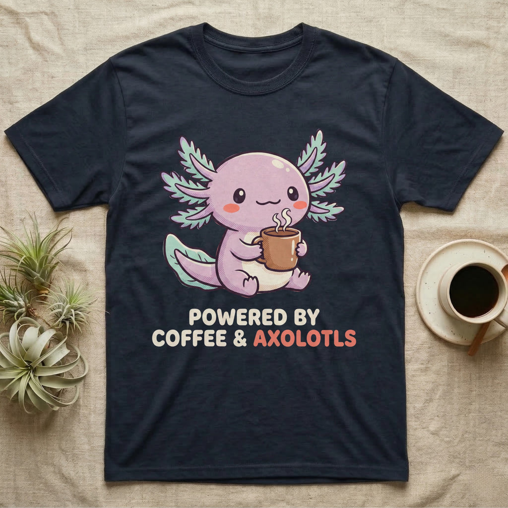Coffee And Axolotls T-Shirt in Navy — Kawaii chibi illustration of an axolotl holding a coffee cup with soft text reading Powered By Coffee And Axolotls.