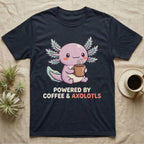 Coffee And Axolotls T-Shirt in Navy — Kawaii chibi illustration of an axolotl holding a coffee cup with soft text reading Powered By Coffee And Axolotls.