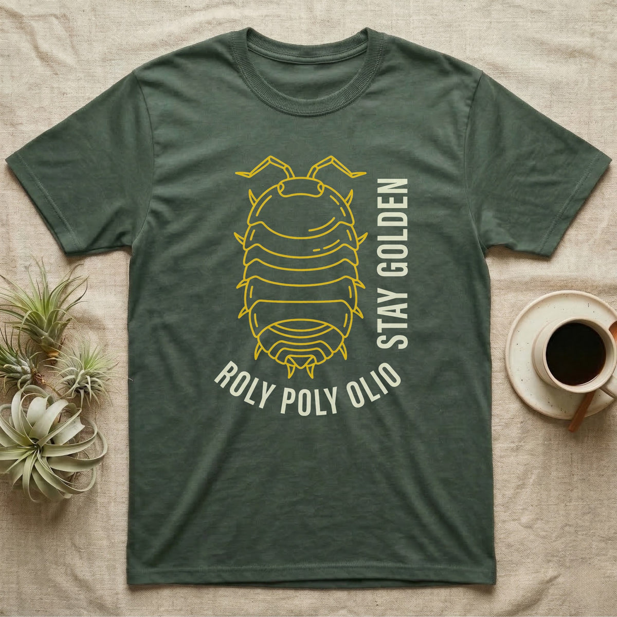 Roly Poly Isopod Stay Golden T-Shirt in Military Green — Golden outline drawing of a spined roly poly isopod beside vertical cream "Stay Golden" lettering.