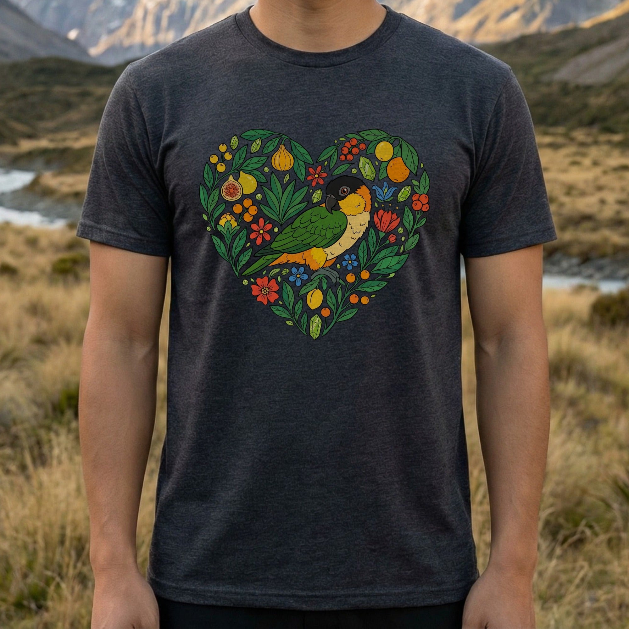 Heart Shaped Parrot and Flowers Design T-Shirt