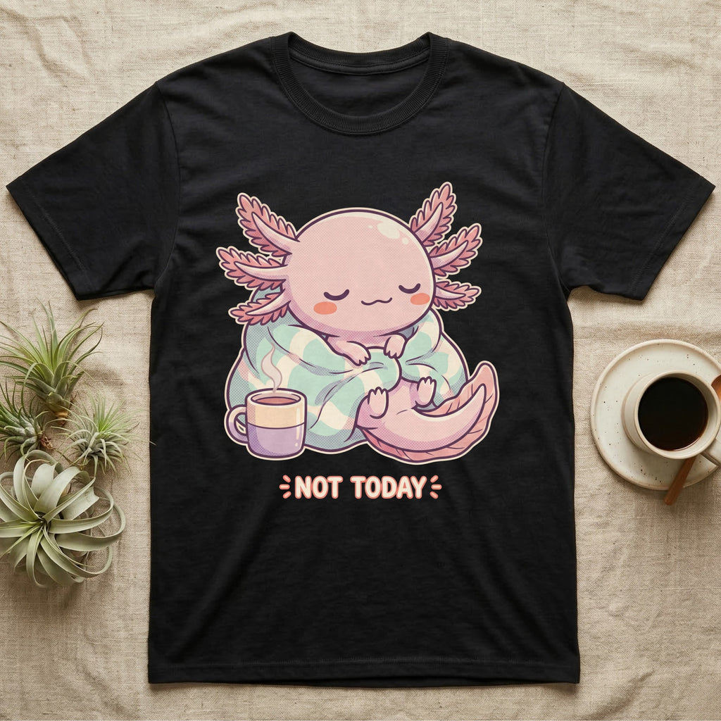 Axolotl Not Today T-Shirt in Black — Kawaii chibi illustration of an axolotl curled in a blanket with a mug and a soft caption reading Not Today.