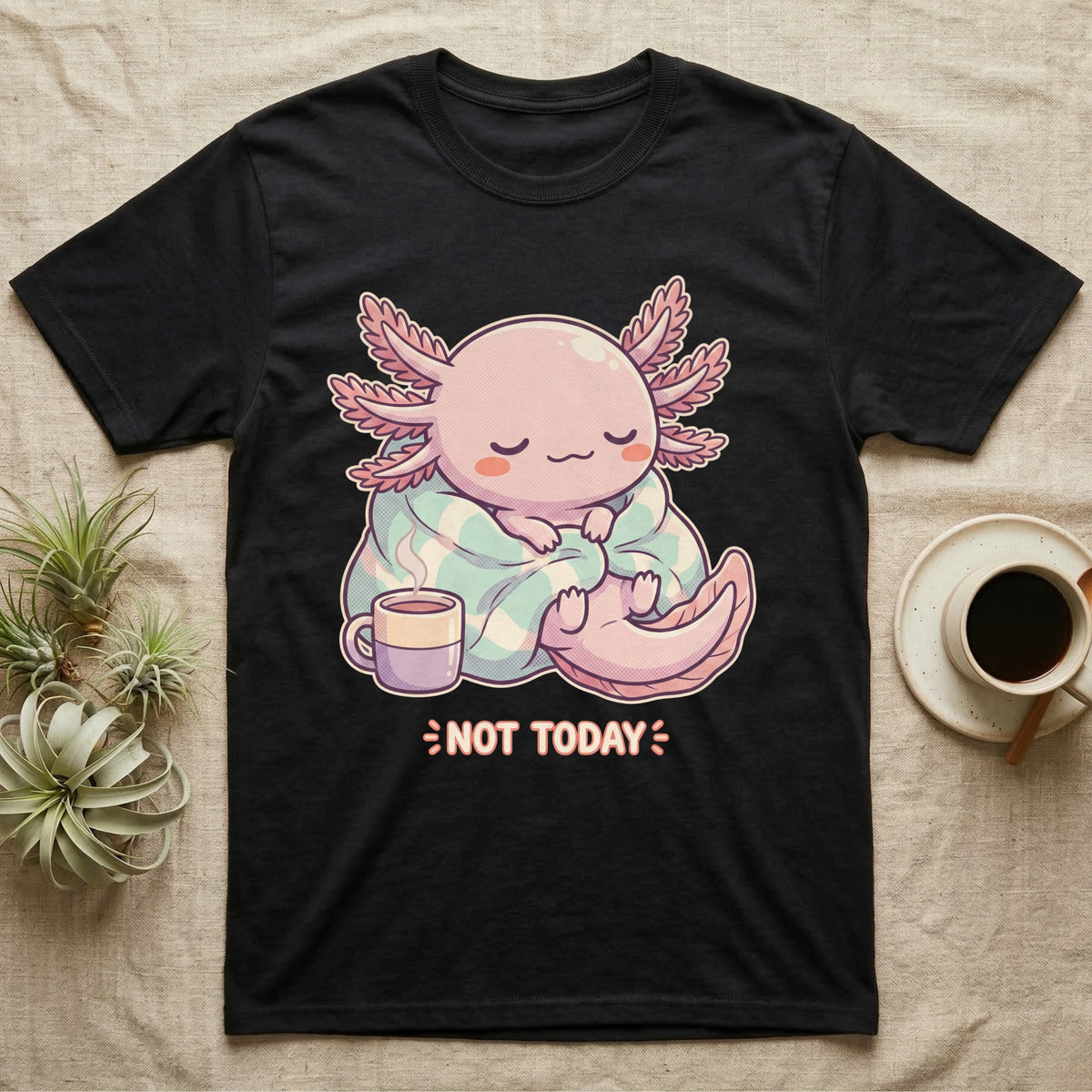 Axolotl Not Today T-Shirt in Black — Kawaii chibi illustration of an axolotl curled in a blanket with a mug and a soft caption reading Not Today.