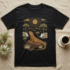 Bearded Dragon Home Range T-Shirt in Black — Woodcut-style illustration of a bearded dragon basking on a boulder under a full sun with arid scrub trees and escarpments behind, no on-shirt text.