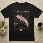 Axolotl Home Range T-Shirt in Black — Woodcut-style illustration of an axolotl drifting among reeds and lily pads in a Xochimilco canal, no on-shirt text.
