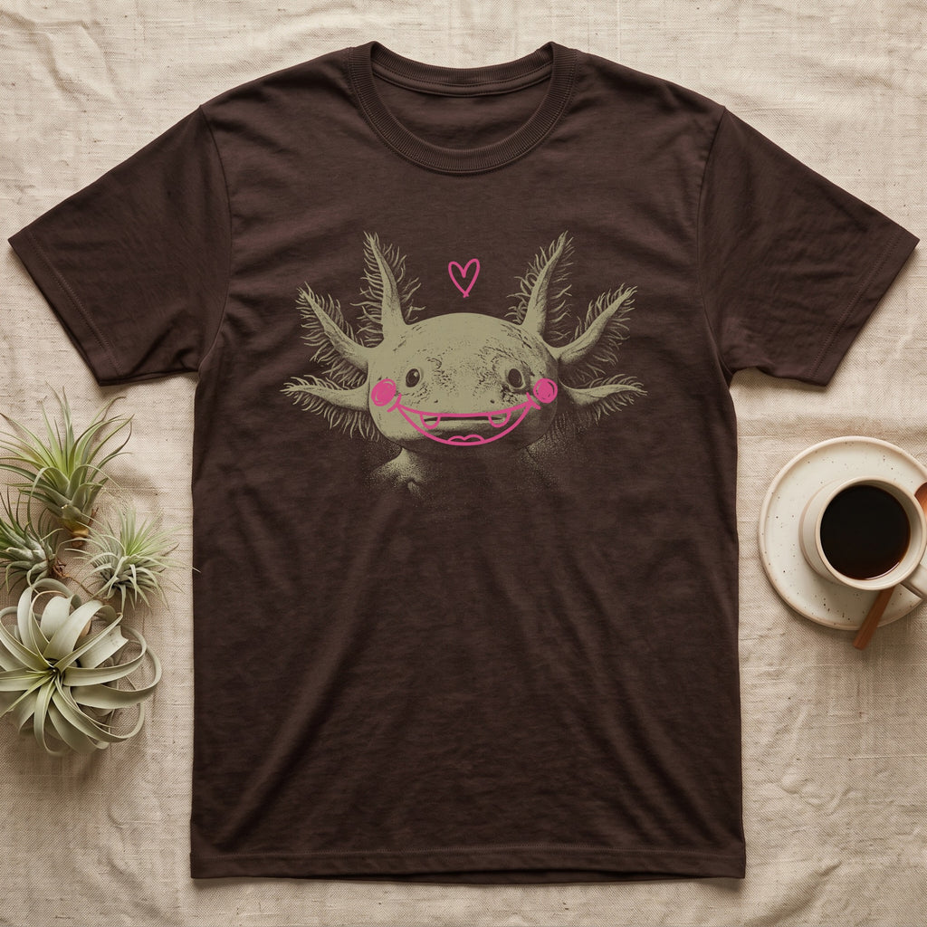 Axolotl Cute Doodle T-Shirt in Dark Chocolate — An axolotl's face with a pink marker grin, blush circles and a heart drawn on the glass.
