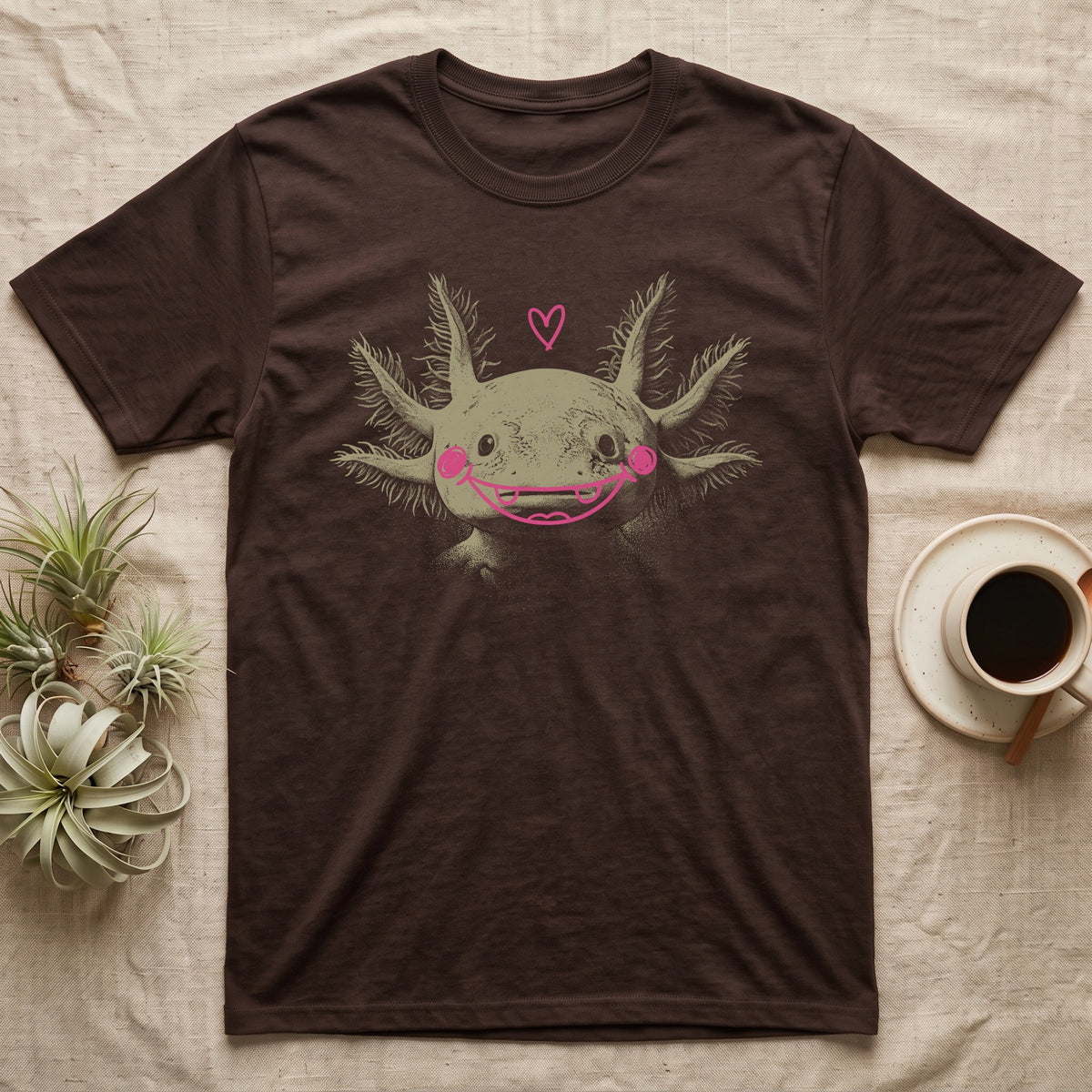 Axolotl Cute Doodle T-Shirt in Dark Chocolate — An axolotl's face with a pink marker grin, blush circles and a heart drawn on the glass.