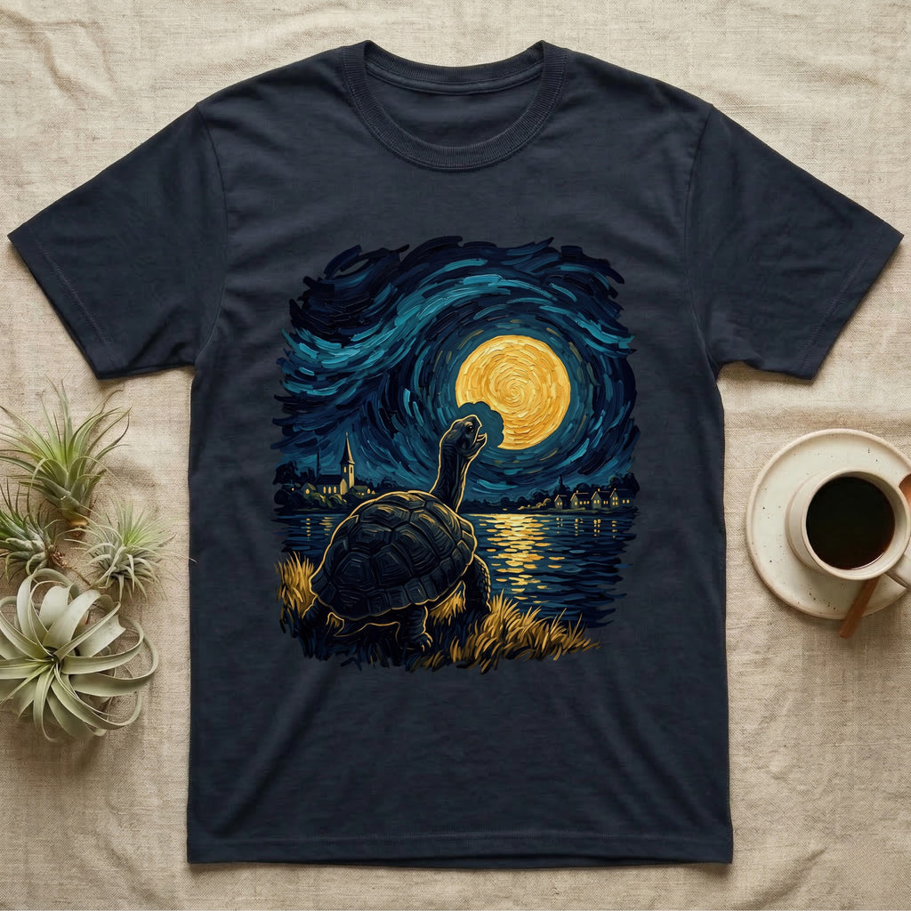 Hermann's Tortoise Moon T-Shirt in Navy — Painted Hermann's tortoise seen from behind, neck stretched up, biting a piece out of a golden spiral moon in a swirling blue night sky over a lake