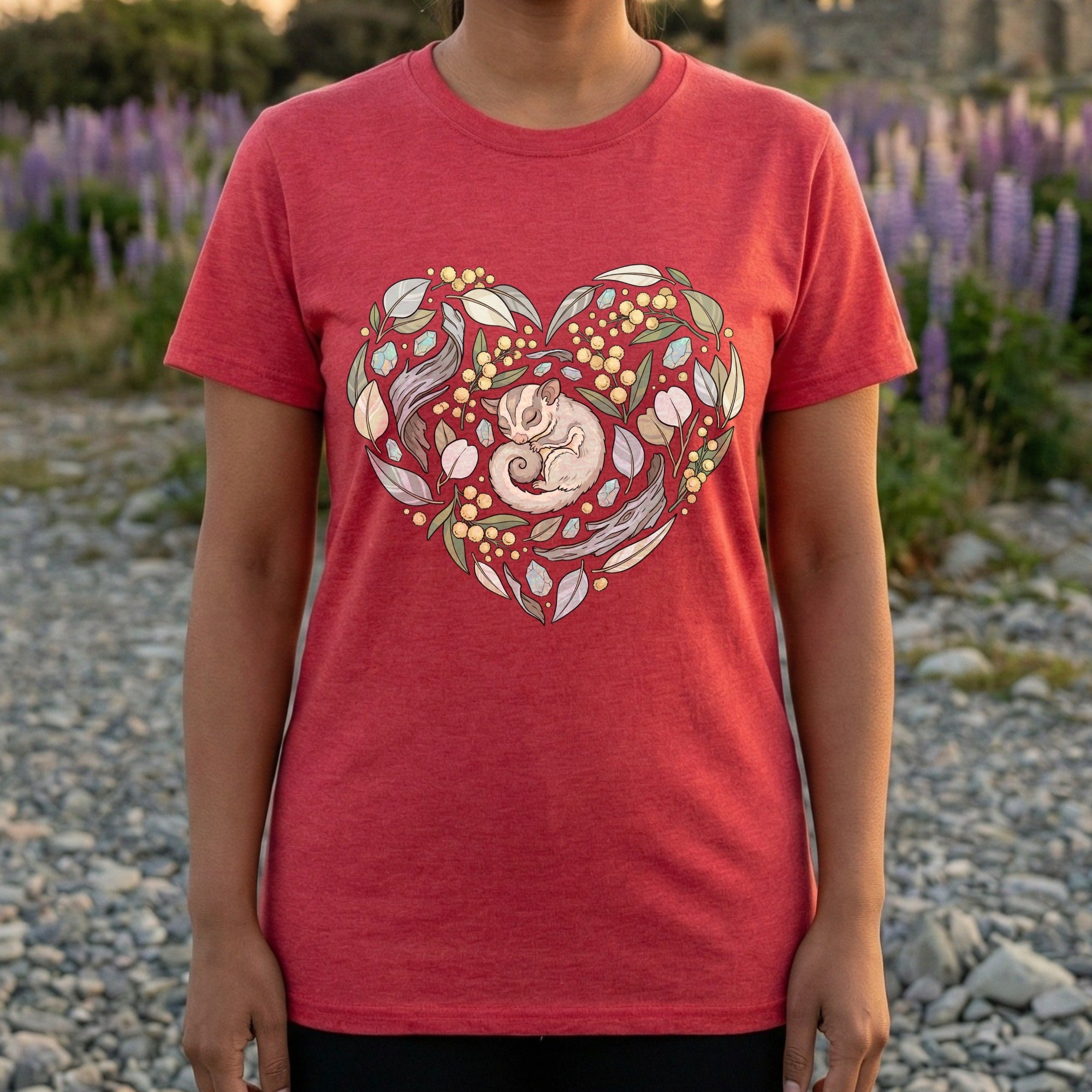 Heart Shape Floral Design T-Shirt with Sleeping Animal