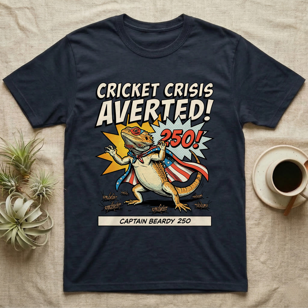 Bearded Dragon Superhero T-Shirt in Navy — Retro comic bearded dragon superhero in a flag cape with a 250 blast and text Cricket Crisis Averted, Captain Beardy.