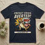 Bearded Dragon Superhero T-Shirt in Navy — Retro comic bearded dragon superhero in a flag cape with a 250 blast and text Cricket Crisis Averted, Captain Beardy.