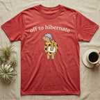Hermann's Tortoise Hibernation T-Shirt in Heather Red — Minimal doodle of a Hermann's tortoise in a striped nightcap holding a pillow under the words off to hibernate