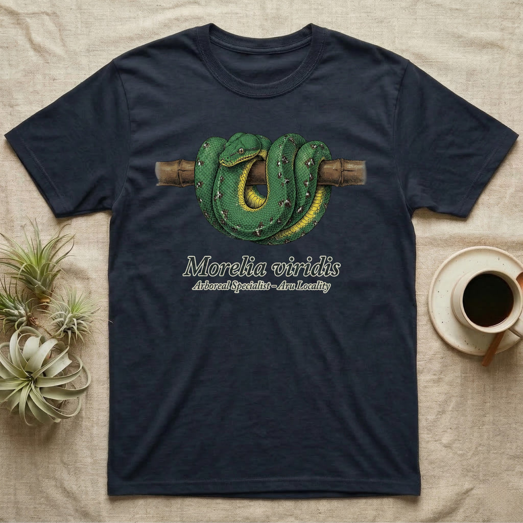 Green Tree Python on a branch, with "Morelia viridis" text.