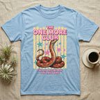 Corn Snake Club T-Shirt in Light Blue — Engraved corn snake sitting deadpan under pink lettering The One More Club, with This is definitely the last one below, on yellow stripes