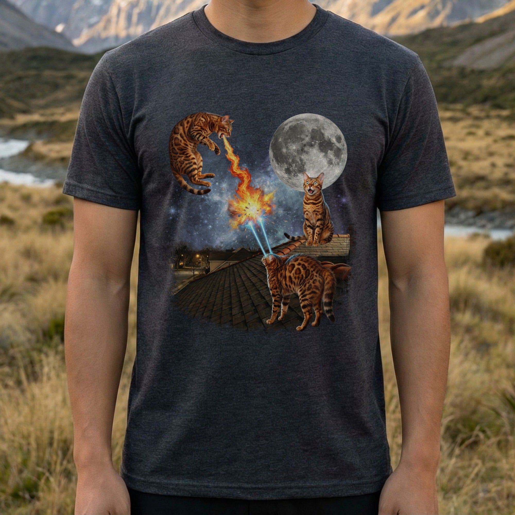 Cat Moon Battle Shirt with Laser Eyes and Fire Breath